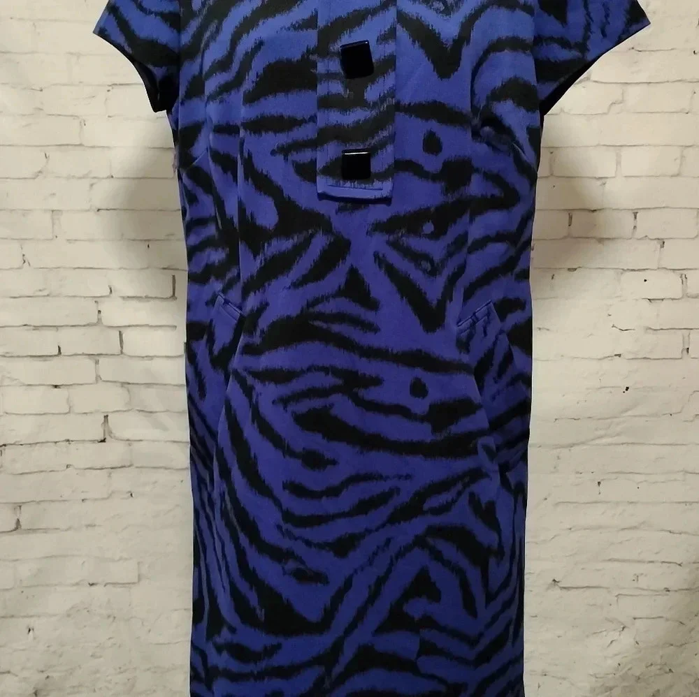 Michael Kors Black/Blue Striped Animal Print Sheath Retro Dress Size 10 C0123